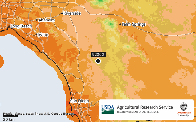 2023 USDA Plant Hardiness Zone Map around ZIP 92060, marker at Palomar Mountain, CA