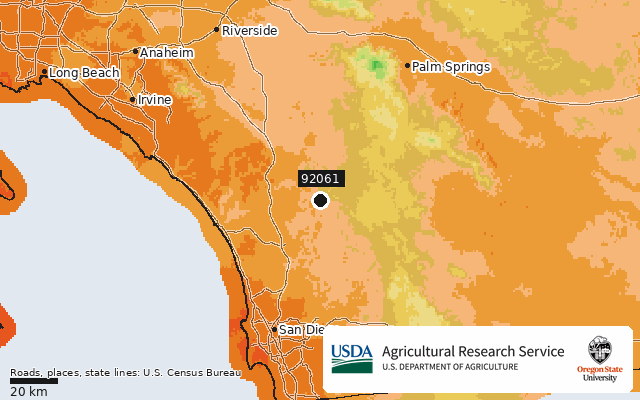 2023 USDA Plant Hardiness Zone Map around ZIP 92061, marker at Pauma Valley, CA