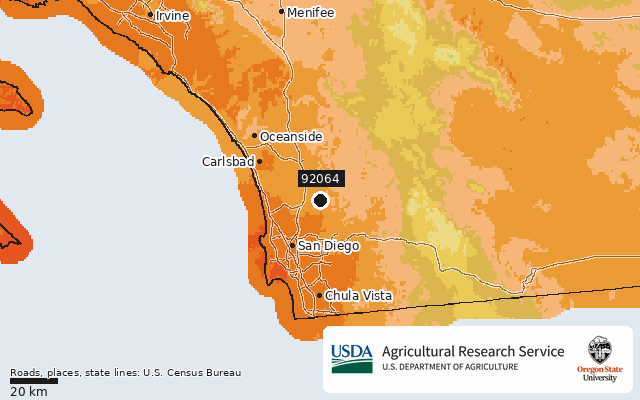 2023 USDA Plant Hardiness Zone Map around ZIP 92064, marker at Poway, CA