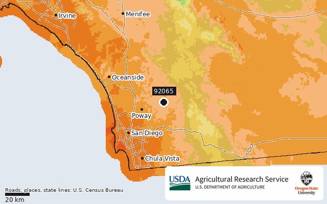 2023 USDA Plant Hardiness Zone Map around ZIP 92065, marker at Ramona, CA