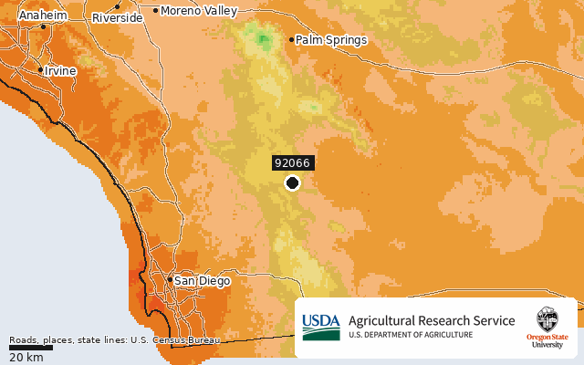 2023 USDA Plant Hardiness Zone Map around ZIP 92066, marker at Ranchita, CA