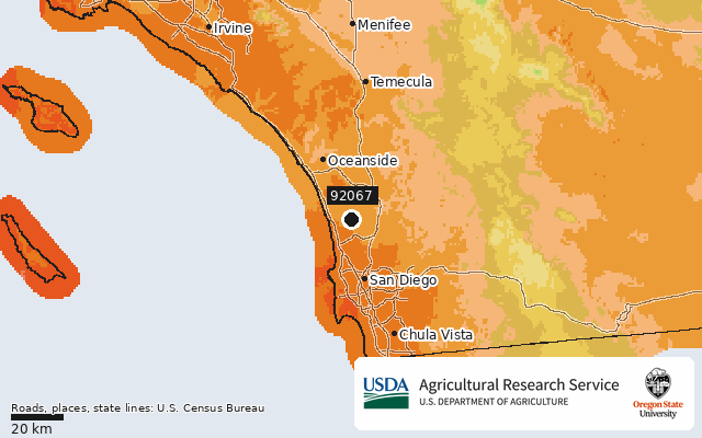 2023 USDA Plant Hardiness Zone Map around ZIP 92067, marker at Rancho Santa Fe, CA