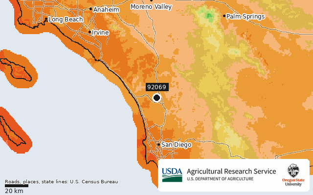 2023 USDA Plant Hardiness Zone Map around ZIP 92069, marker at San Marcos, CA