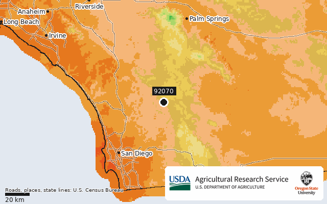2023 USDA Plant Hardiness Zone Map around ZIP 92070, marker at Santa Ysabel, CA