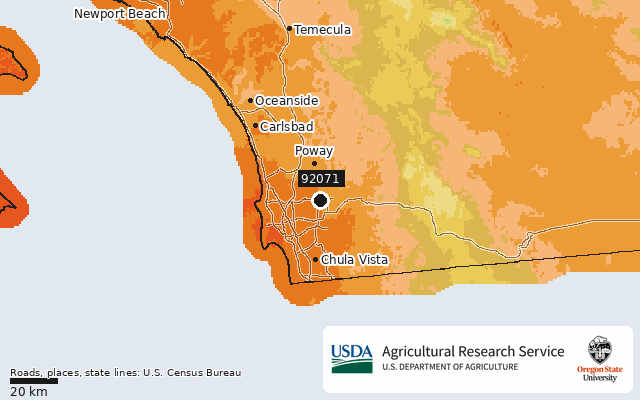 2023 USDA Plant Hardiness Zone Map around ZIP 92071, marker at Santee, CA