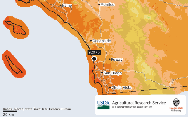 2023 USDA Plant Hardiness Zone Map around ZIP 92075, marker at Solana Beach, CA