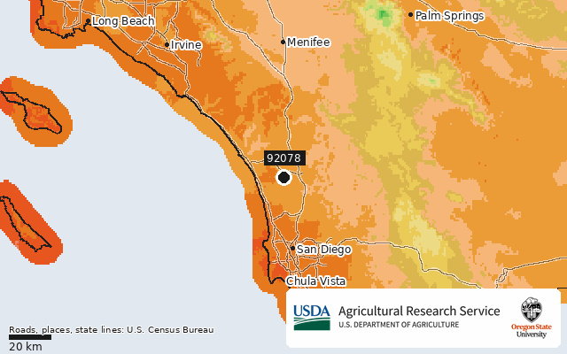 2023 USDA Plant Hardiness Zone Map around ZIP 92078, marker at San Marcos, CA