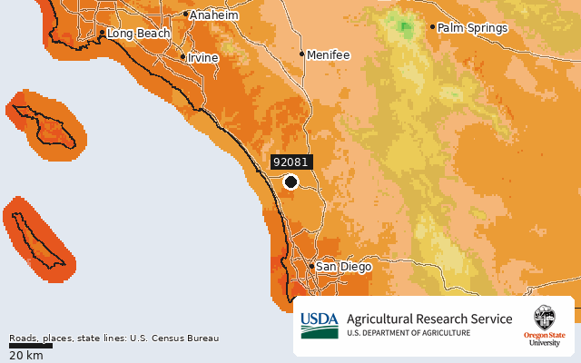 2023 USDA Plant Hardiness Zone Map around ZIP 92081, marker at Vista, CA