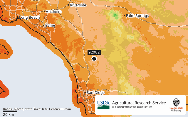 2023 USDA Plant Hardiness Zone Map around ZIP 92082, marker at Valley Center, CA
