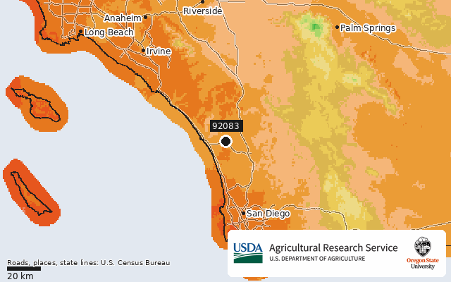 2023 USDA Plant Hardiness Zone Map around ZIP 92083, marker at Vista, CA