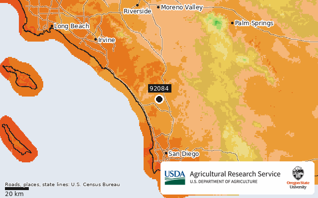 2023 USDA Plant Hardiness Zone Map around ZIP 92084, marker at Vista, CA