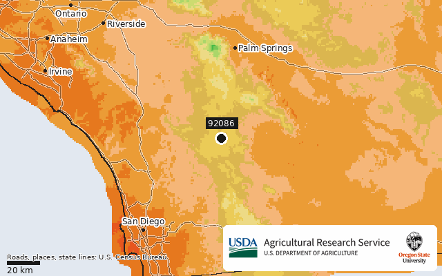 2023 USDA Plant Hardiness Zone Map around ZIP 92086, marker at Warner Springs, CA