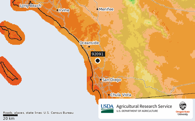 2023 USDA Plant Hardiness Zone Map around ZIP 92091, marker at Rancho Santa Fe, CA
