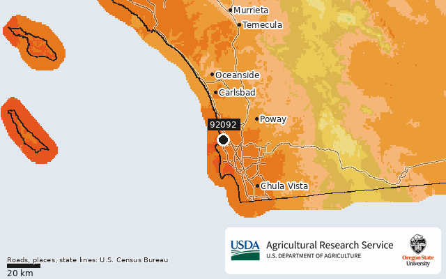 2023 USDA Plant Hardiness Zone Map around ZIP 92092, marker at La Jolla, CA