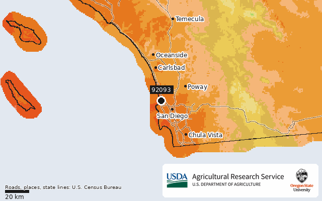 2023 USDA Plant Hardiness Zone Map around ZIP 92093, marker at La Jolla, CA