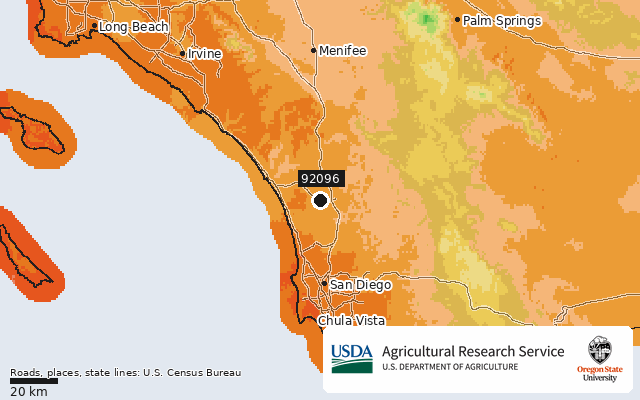 2023 USDA Plant Hardiness Zone Map around ZIP 92096, marker at San Marcos, CA
