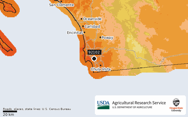 2023 USDA Plant Hardiness Zone Map around ZIP 92102, marker at San Diego, CA