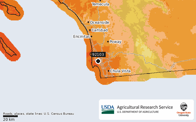 2023 USDA Plant Hardiness Zone Map around ZIP 92103, marker at San Diego, CA