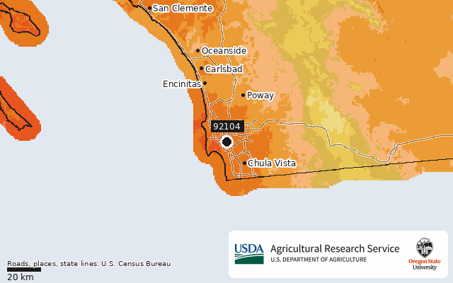 2023 USDA Plant Hardiness Zone Map around ZIP 92104, marker at San Diego, CA