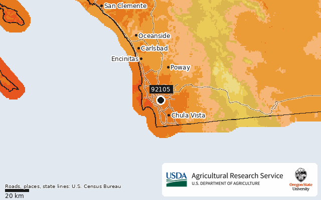2023 USDA Plant Hardiness Zone Map around ZIP 92105, marker at San Diego, CA