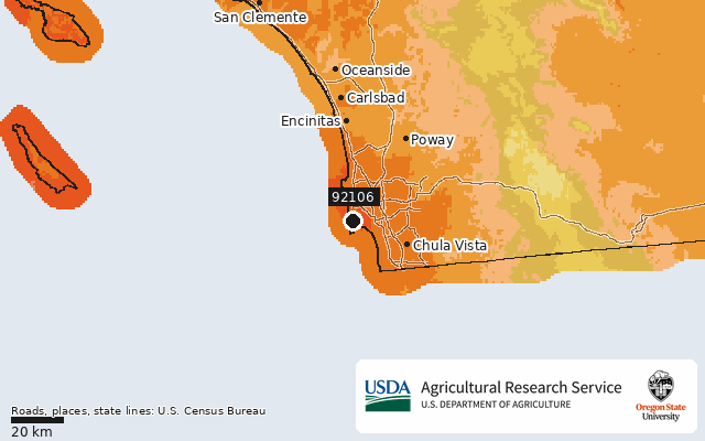 2023 USDA Plant Hardiness Zone Map around ZIP 92106, marker at San Diego, CA