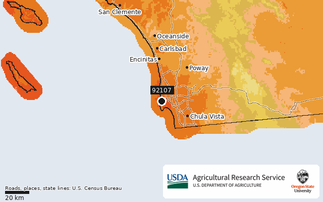 2023 USDA Plant Hardiness Zone Map around ZIP 92107, marker at San Diego, CA