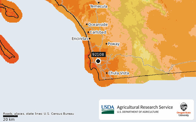 2023 USDA Plant Hardiness Zone Map around ZIP 92108, marker at San Diego, CA