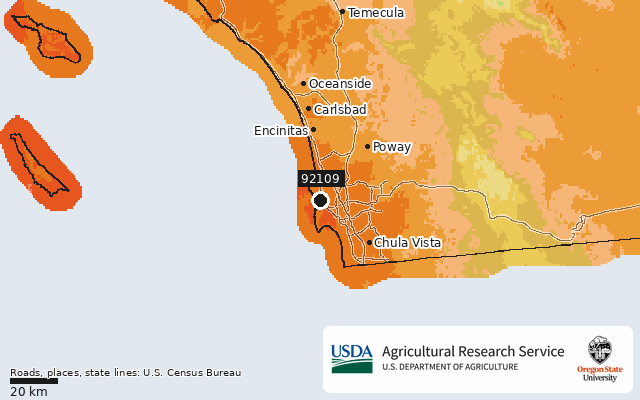 2023 USDA Plant Hardiness Zone Map around ZIP 92109, marker at San Diego, CA