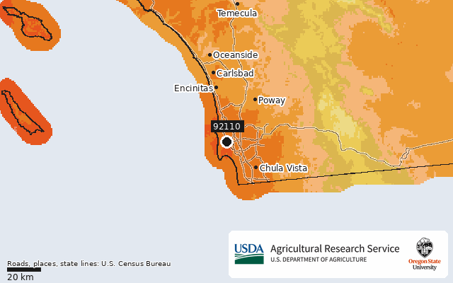 2023 USDA Plant Hardiness Zone Map around ZIP 92110, marker at San Diego, CA