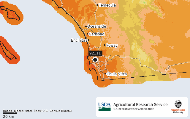 2023 USDA Plant Hardiness Zone Map around ZIP 92111, marker at San Diego, CA