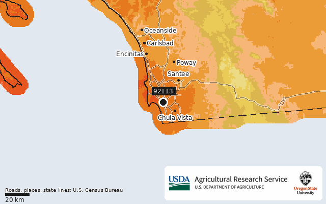 2023 USDA Plant Hardiness Zone Map around ZIP 92113, marker at San Diego, CA