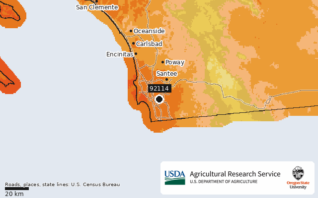 2023 USDA Plant Hardiness Zone Map around ZIP 92114, marker at San Diego, CA
