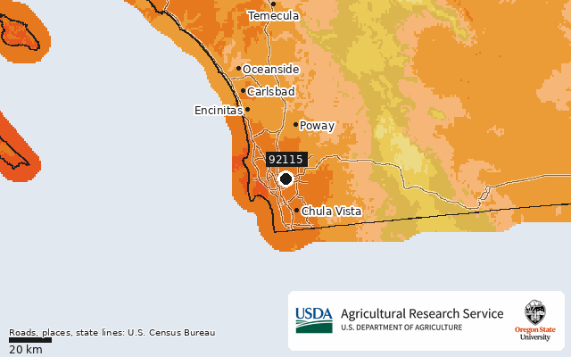 2023 USDA Plant Hardiness Zone Map around ZIP 92115, marker at San Diego, CA