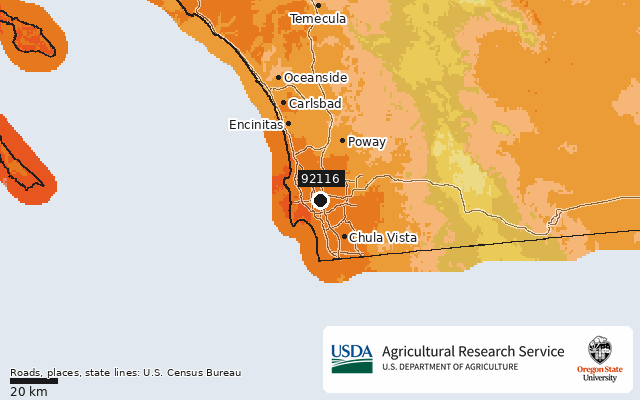 2023 USDA Plant Hardiness Zone Map around ZIP 92116, marker at San Diego, CA