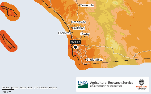 2023 USDA Plant Hardiness Zone Map around ZIP 92117, marker at San Diego, CA