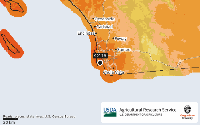 2023 USDA Plant Hardiness Zone Map around ZIP 92118, marker at Coronado, CA