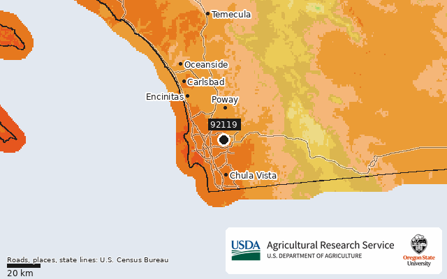 2023 USDA Plant Hardiness Zone Map around ZIP 92119, marker at San Diego, CA