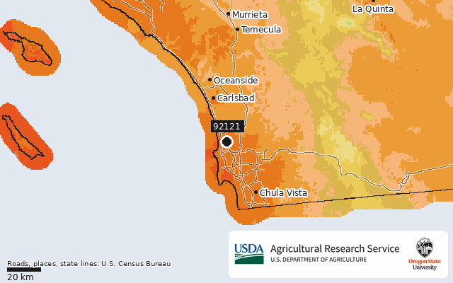 2023 USDA Plant Hardiness Zone Map around ZIP 92121, marker at San Diego, CA