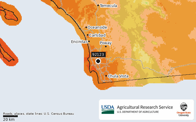 2023 USDA Plant Hardiness Zone Map around ZIP 92123, marker at San Diego, CA