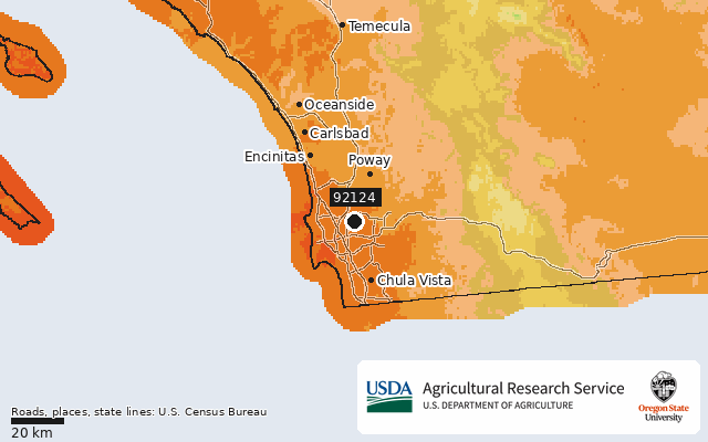 2023 USDA Plant Hardiness Zone Map around ZIP 92124, marker at San Diego, CA
