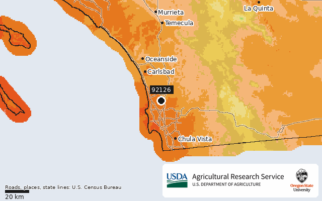 2023 USDA Plant Hardiness Zone Map around ZIP 92126, marker at San Diego, CA
