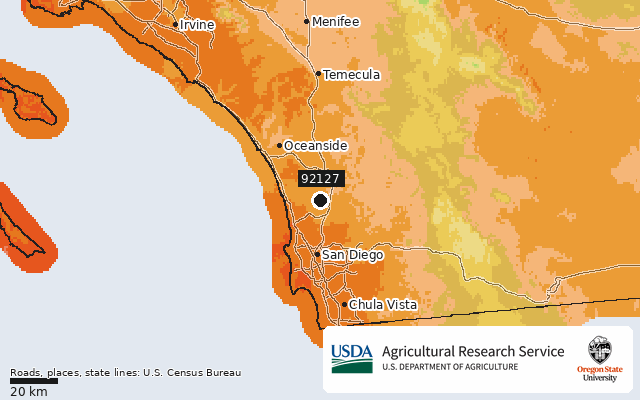 2023 USDA Plant Hardiness Zone Map around ZIP 92127, marker at San Diego, CA