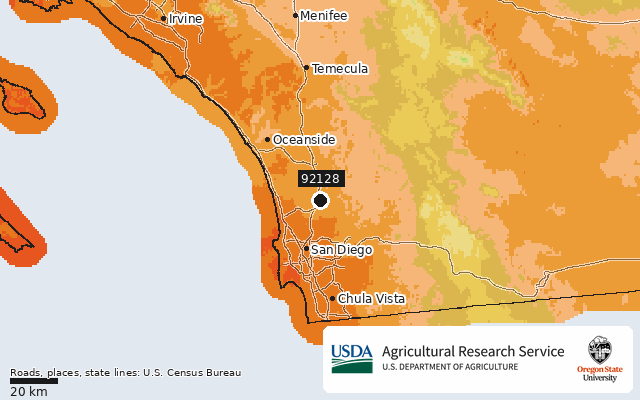 2023 USDA Plant Hardiness Zone Map around ZIP 92128, marker at San Diego, CA