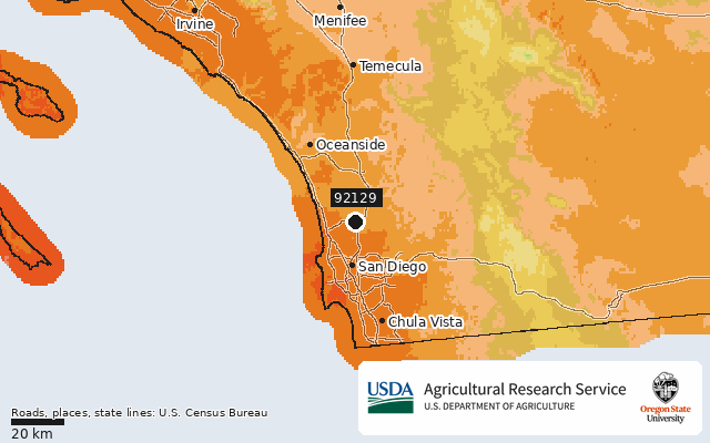 2023 USDA Plant Hardiness Zone Map around ZIP 92129, marker at San Diego, CA