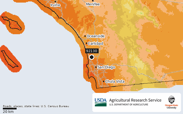 2023 USDA Plant Hardiness Zone Map around ZIP 92130, marker at San Diego, CA