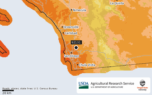 2023 USDA Plant Hardiness Zone Map around ZIP 92131, marker at San Diego, CA