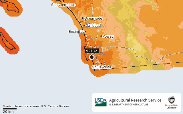 2023 USDA Plant Hardiness Zone Map around ZIP 92132, marker at San Diego, CA