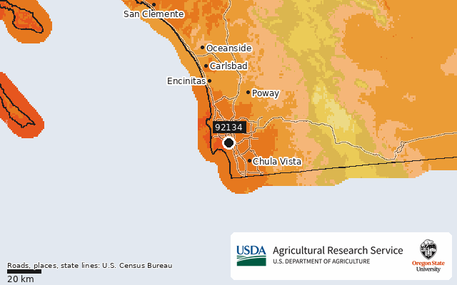2023 USDA Plant Hardiness Zone Map around ZIP 92134, marker at San Diego, CA