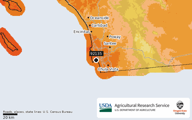 2023 USDA Plant Hardiness Zone Map around ZIP 92135, marker at San Diego, CA