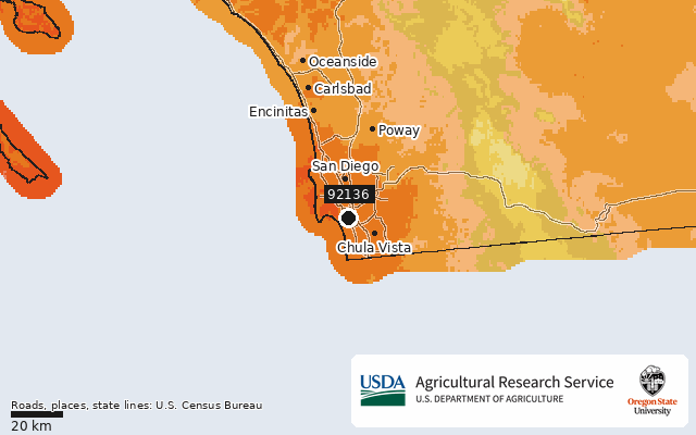 2023 USDA Plant Hardiness Zone Map around ZIP 92136, marker at San Diego, CA
